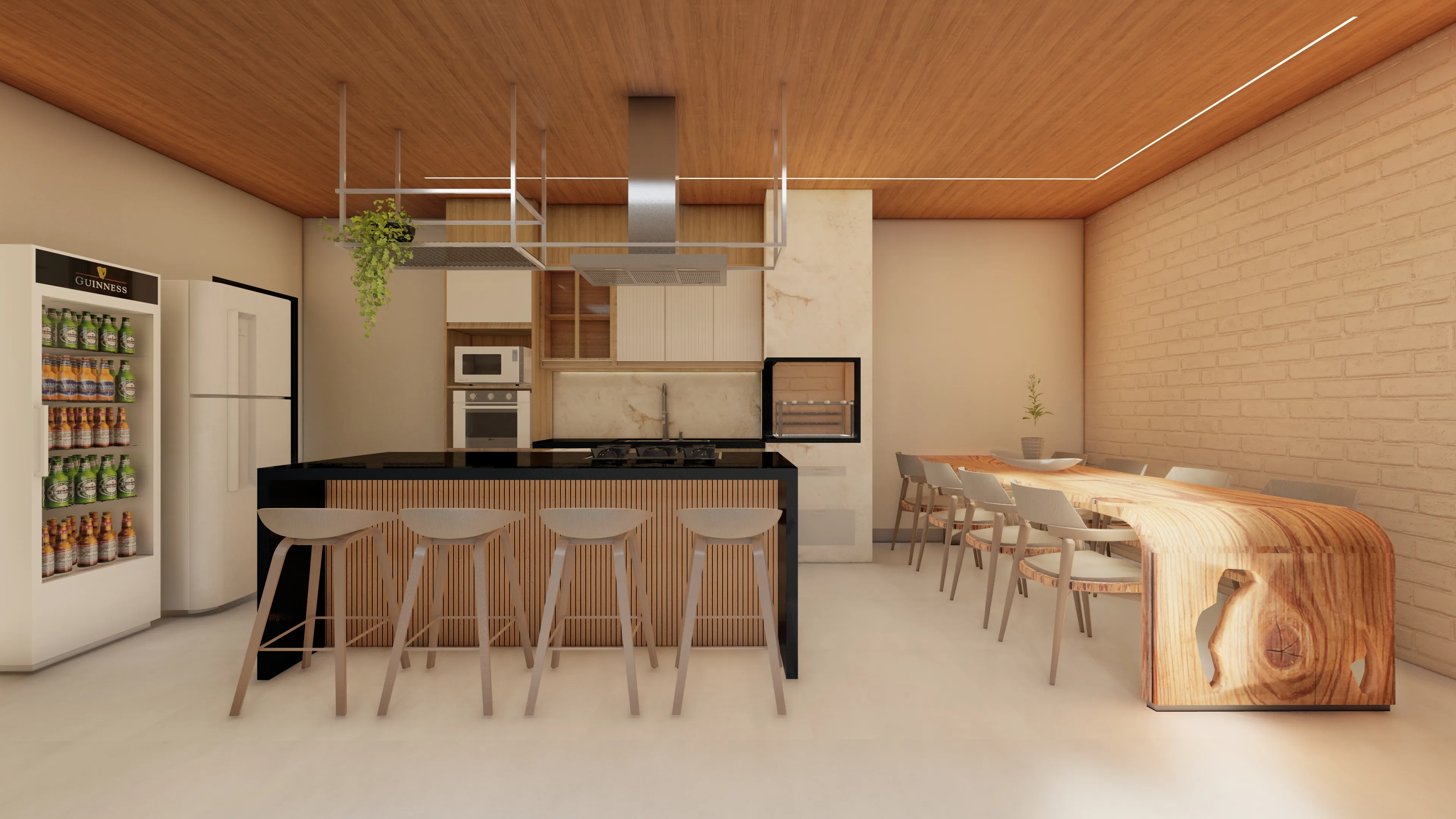 Casa Samambaia — ilha central e mesa de madeira